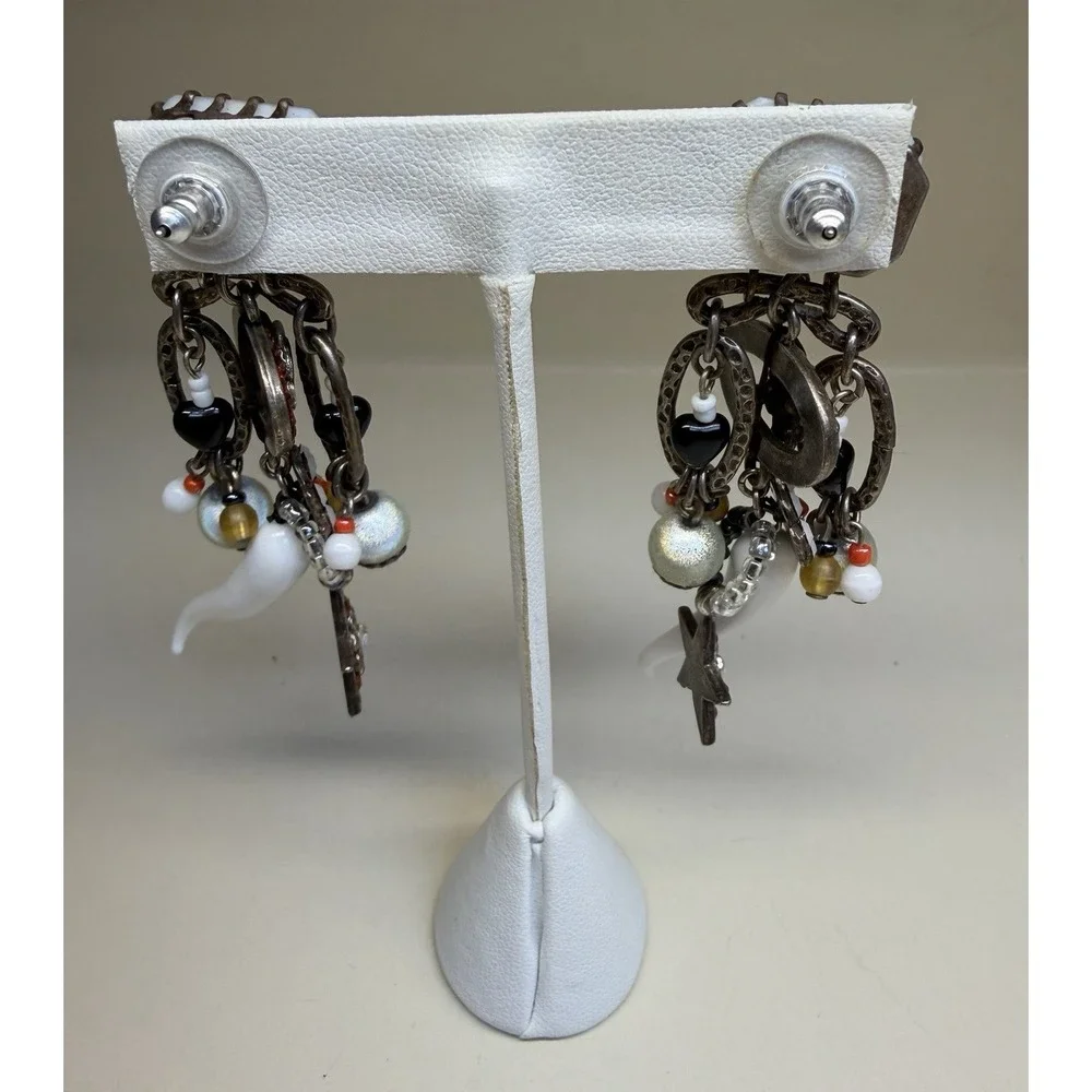 Unmarked Designer Artisan Glass Horn‎ Drop Earrings Evil Eye Star Charm Boho 3
